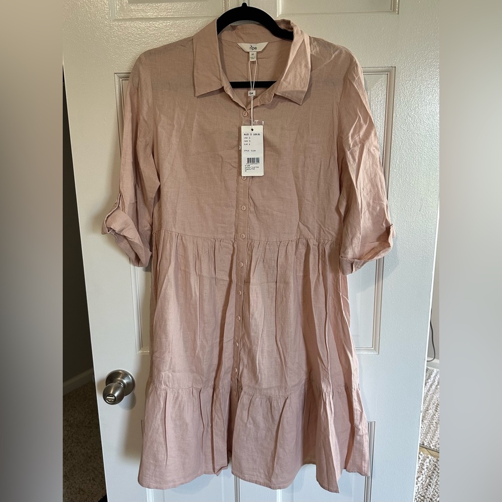 Ripe Maternity Women’s Adel Linen Blend Soft Pink Flowy Shirt Dress. Size M. NWT - Picture 9 of 12